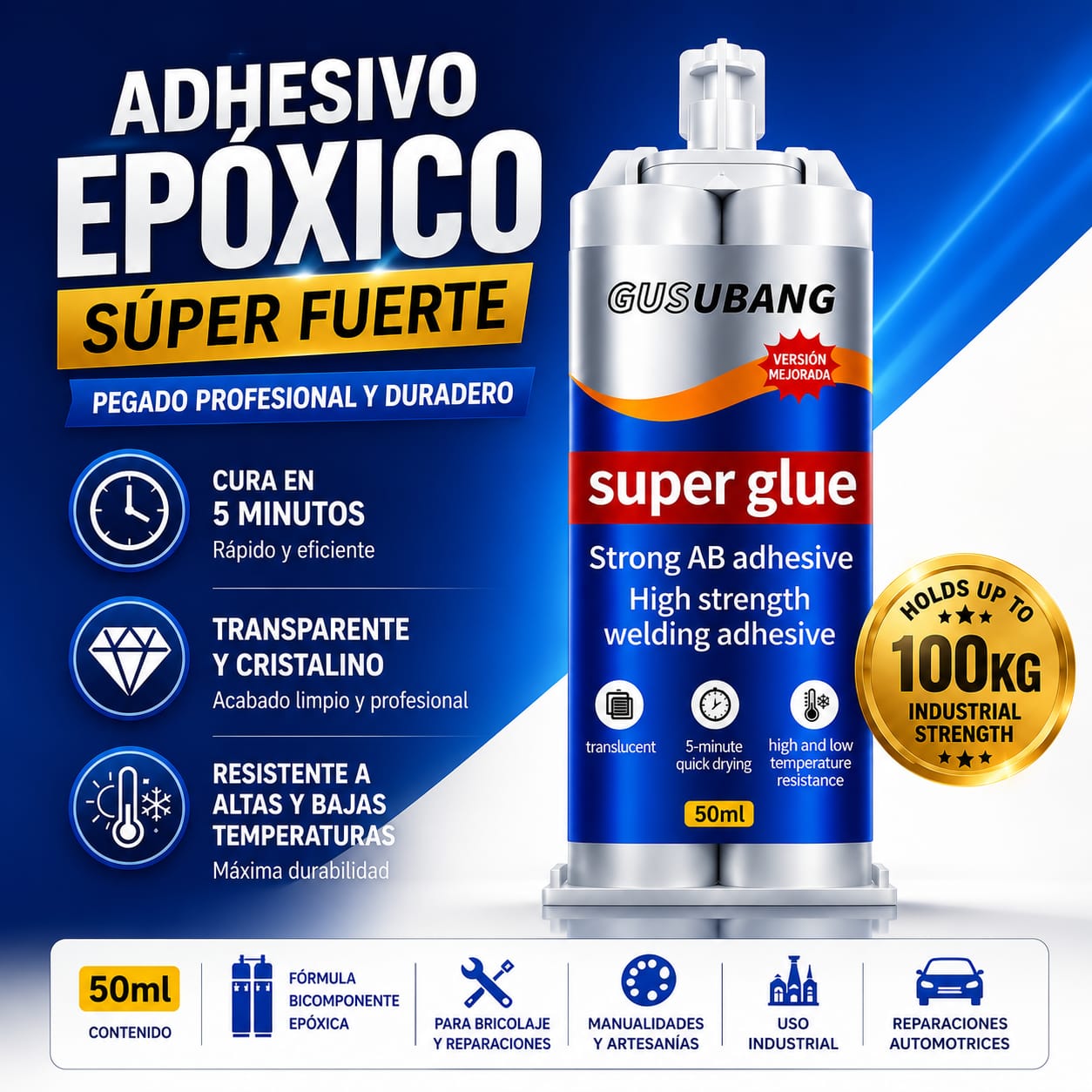 Adhesivo Transparente Bicomponente 50 Ml Para Diversos Materiales